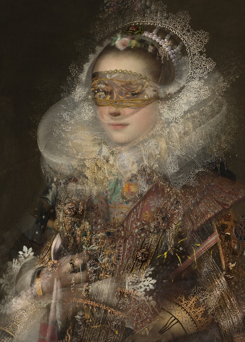 Untitled 61, 2023, archival pigment print and gold leaf on canvas by Seong Keun Park.