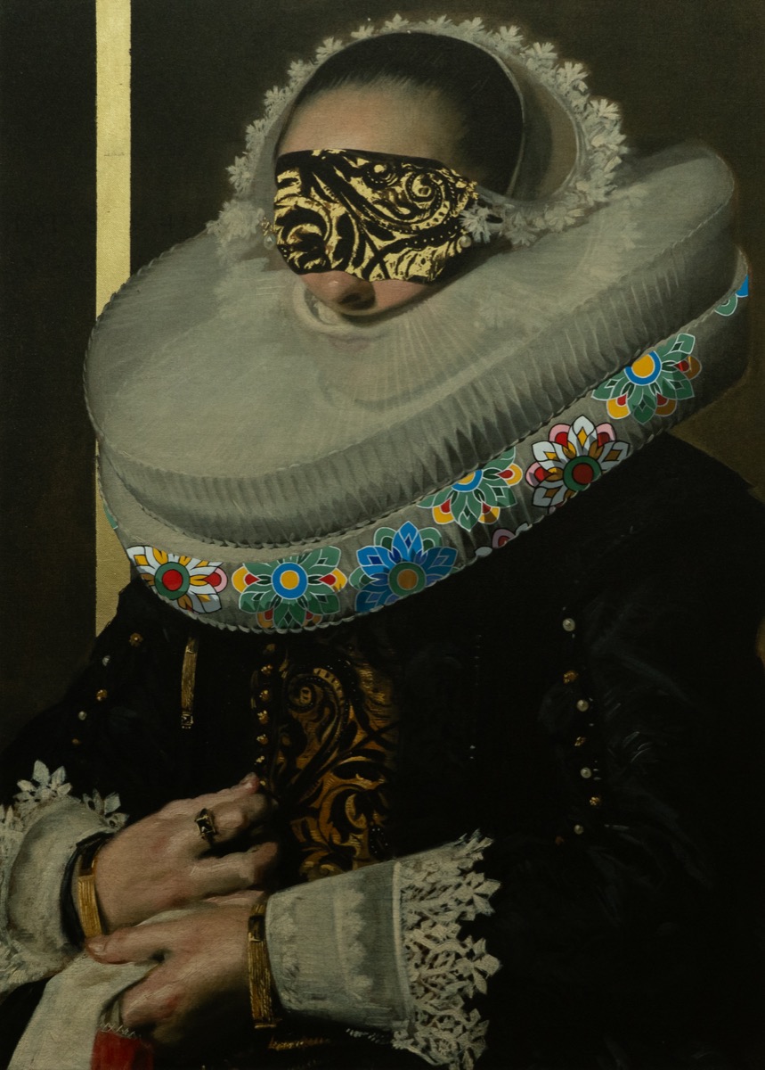 Portrait of Desire (after Frans Hals), 2024, oil, gold leaf, and archival pigment print on canvas by Seong Keun Park.