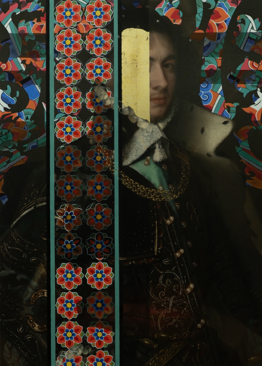 Portrait of Desire (after Philippe de Champaigne), 2024, oil, gold leaf, and archival pigment print on canvas by Seong Keun Park.